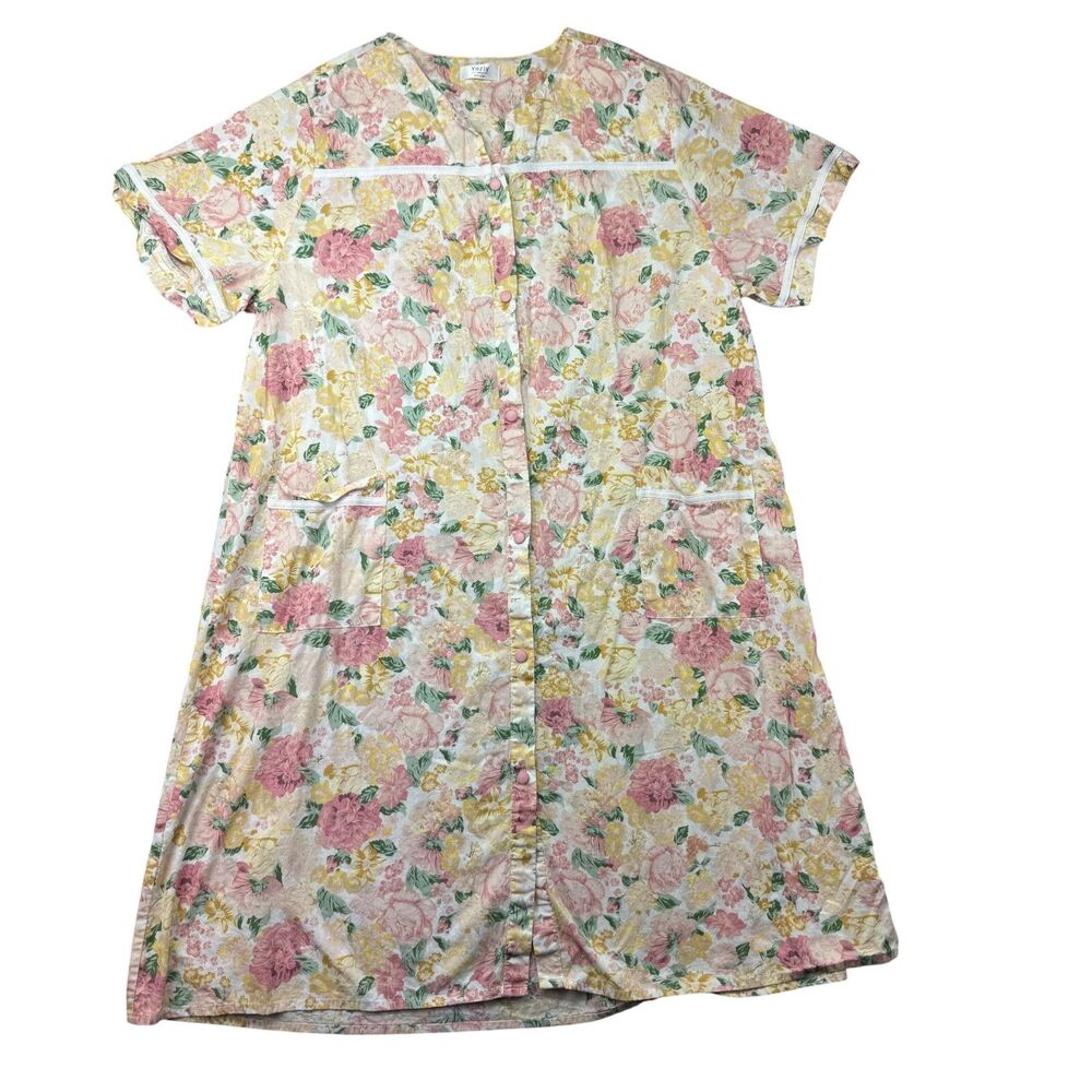 Yozly Dress Women's 2XL House Pastel Floral Short Sleeve Snap Front Pockets Top